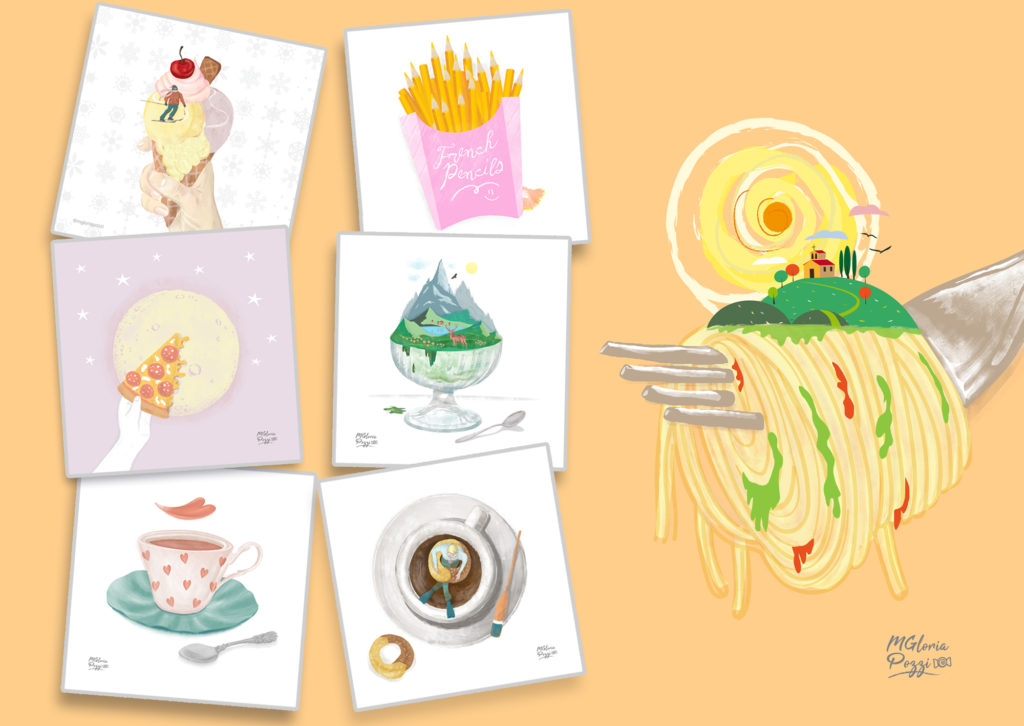 Simple and playful drawings on food ... There is the skier on the ice cream, the slice of luna pizza, the flower of coffee, the pencils in the shape of fries, the ice cream in the shape of a mountain, the coffee with the little man immersed in a lifesaver cookie