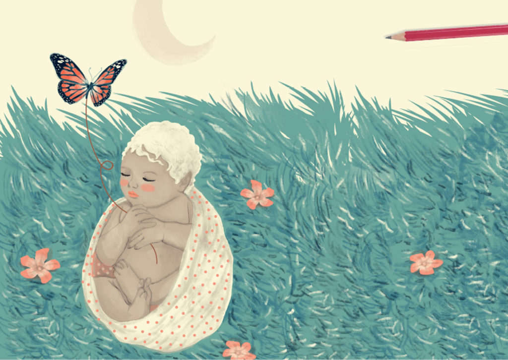 Luna's childhood among the spring flowers - Illustration of the eBook UNIVERSES Moon and sun a love story