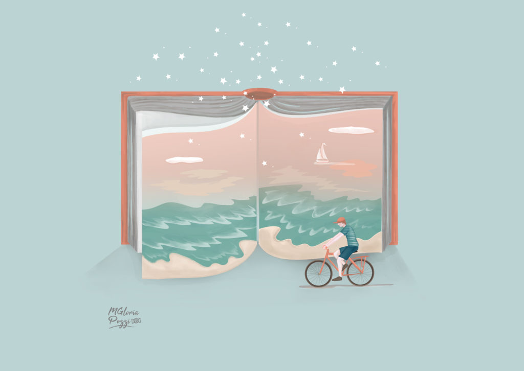 The sea at sunset - Sweetcandyroll - An open book with the sea and the sunset and a boy who goes cycling and many stars